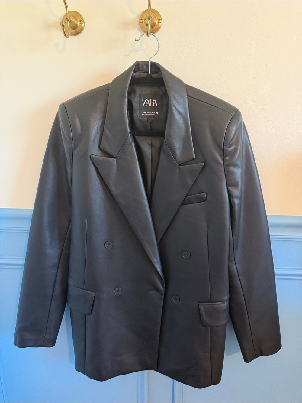 ZARA Black Faux Leather Double-Breasted Blazer